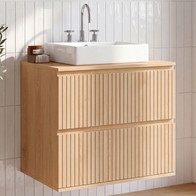 Meuble sous vasque suspendu salle de bain VICTOR 2 tiroirs effet lattes