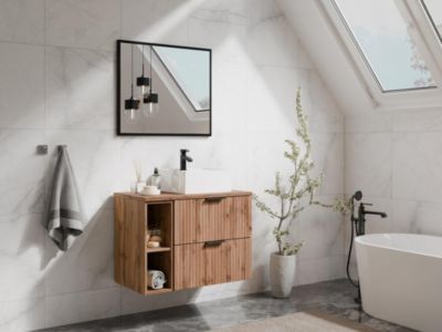 Meuble sous vasque suspendu strié avec niches - Naturel clair - L80 cm - ZEVARA