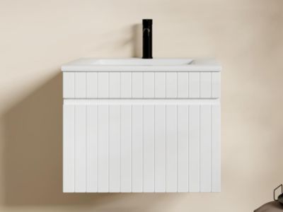 Meuble sous vasque suspendu strié blanc avec vasque à encastrer - 60 cm - SATARA