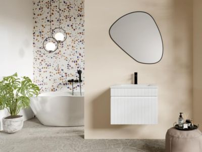 Meuble sous vasque suspendu strié blanc avec vasque à encastrer - 60 cm - SATARA