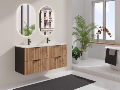 Meuble sous vasque suspendu strié - Naturel clair et noir - 120 cm - MADELA