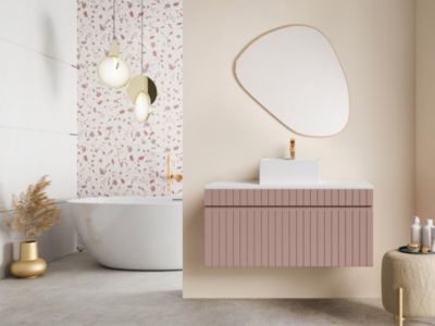 Meuble sous vasque suspendu strié rose avec planche - 100 cm - SATARA