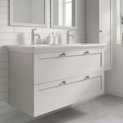 Meuble sous vasque suspendu taupe l.120 cm 2 tiroirs Imandra + plan double vasque blanc céramique Endell, GoodHome