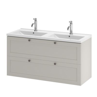 Meuble sous vasque suspendu taupe l.120 cm 2 tiroirs Imandra + plan double vasque blanc céramique Nira, GoodHome