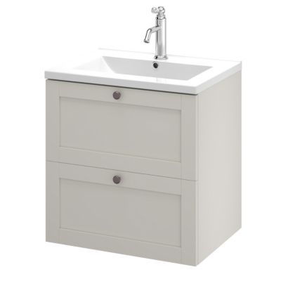 Meuble sous vasque suspendu taupe l.60 cm 2 tiroirs Imandra + plan vasque blanc céramique Nira, GoodHome