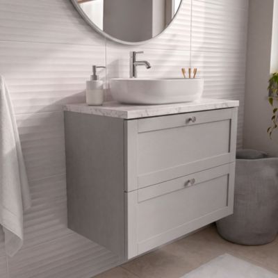 Meuble sous vasque suspendu taupe l.80 cm 2 tiroirs Imandra + plan de toilette effet marbre blanc Cadélia, GoodHome