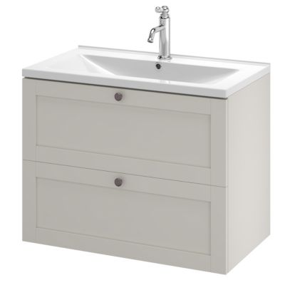 Meuble sous vasque suspendu taupe l.80 cm 2 tiroirs Imandra + plan vasque blanc céramique Nira, GoodHome