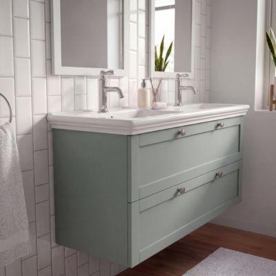 Meuble sous vasque suspendu vert sauge l.120 cm 2 tiroirs Imandra + plan double vasque blanc céramique Endell, GoodHome