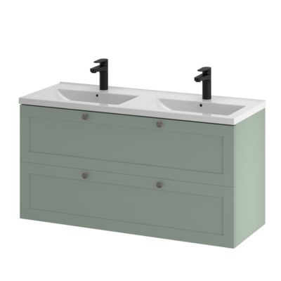 Meuble sous vasque suspendu vert sauge l.120 cm 2 tiroirs Imandra + plan double vasque blanc céramique Nira, GoodHome