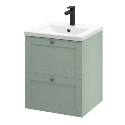 Meuble sous vasque suspendu vert sauge l.50 cm 2 tiroirs Imandra + plan vasque blanc céramique Nira, GoodHome