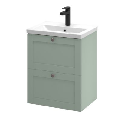 Meuble sous vasque suspendu vert sauge l.50 cm 2 tiroirs Imandra + plan vasque faible profondeur blanc céramique Nira, GoodHome