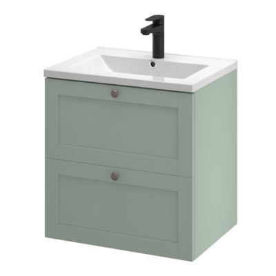 Meuble sous vasque suspendu vert sauge l.60 cm 2 tiroirs Imandra + plan vasque blanc céramique Nira, GoodHome