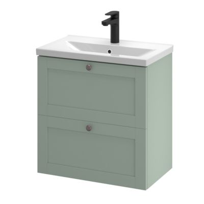 Meuble sous vasque suspendu vert sauge l.60 cm 2 tiroirs Imandra + plan vasque faible profondeur blanc céramique Nira, GoodHome