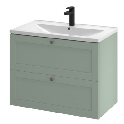 Meuble sous vasque suspendu vert sauge l.80 cm 2 tiroirs Imandra + plan vasque blanc céramique Nira, GoodHome