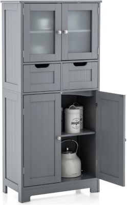 Meuble sur Pied de Salle de Bain,2 Tiroirs et 1 Cabinet Clôturé,Avec Étagère Ajustable,Compartiment à Porte en Verre Trempé