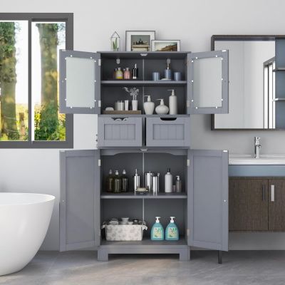 Meuble sur Pied de Salle de Bain,2 Tiroirs et 1 Cabinet Clôturé,Avec Étagère Ajustable,Compartiment à Porte en Verre Trempé