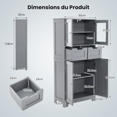 Meuble sur Pied de Salle de Bain,2 Tiroirs et 1 Cabinet Clôturé,Avec Étagère Ajustable,Compartiment à Porte en Verre Trempé