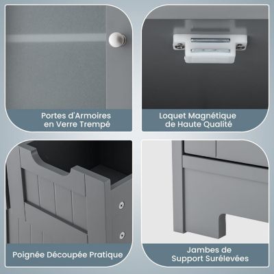Meuble sur Pied de Salle de Bain,2 Tiroirs et 1 Cabinet Clôturé,Avec Étagère Ajustable,Compartiment à Porte en Verre Trempé