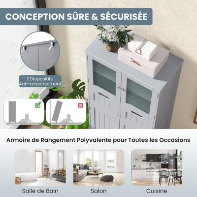 Meuble sur Pied de Salle de Bain,2 Tiroirs et 1 Cabinet Clôturé,Avec Étagère Ajustable,Compartiment à Porte en Verre Trempé