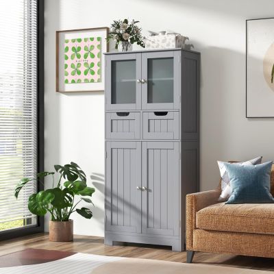 Meuble sur Pied de Salle de Bain,2 Tiroirs et 1 Cabinet Clôturé,Avec Étagère Ajustable,Compartiment à Porte en Verre Trempé