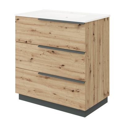 Meuble sur pied OIKOS L.80 cm avec vasque encastrée - 3 tiroirs - finition chêne doré - Saniverre
