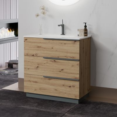 Meuble sur pied OIKOS L.80 cm avec vasque encastrée - 3 tiroirs - finition chêne doré - Saniverre