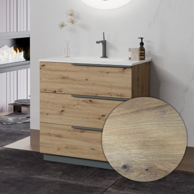 Meuble sur pied OIKOS L.80 cm avec vasque encastrée - 3 tiroirs - finition chêne doré - Saniverre