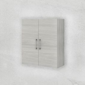 Meuble Suspendu À 2 Portes, Gris Chêne, Avec Étagère En Verre Et Poignées Chromées
