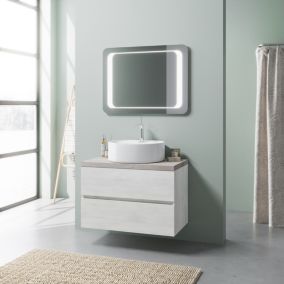 Meuble suspendu 80cm chêne blanc et beton, meuble lavabo, miroir à led