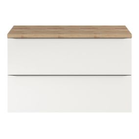 Meuble suspendu blanc brillant l.100 cm Imandra + plan de toilette chêne massif Hartland, GoodHome