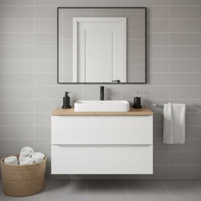 Meuble suspendu blanc brillant l.100 cm Imandra + plan de toilette chêne massif Hartland, GoodHome