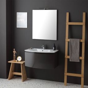 Meuble suspendu courbé de 82 cm en gris anthracite brillant avec miroir et lavabo - riva