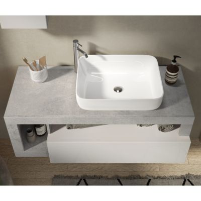 Meuble suspendu salle de bain couleur gris béton et blanc 110cm GAMA