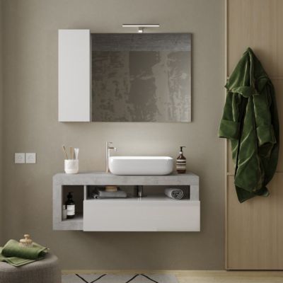 Meuble suspendu salle de bain couleur gris béton et blanc 110cm GAMA