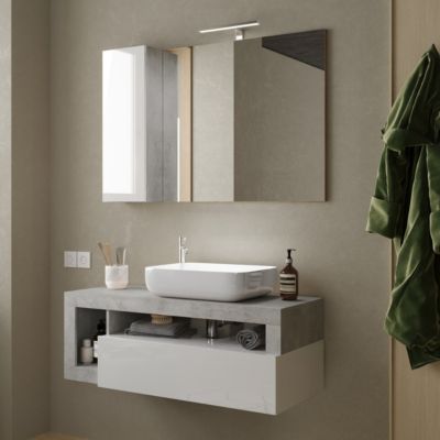 Meuble suspendu salle de bain couleur gris béton et blanc 110cm GAMA