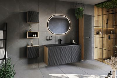 Meuble suspendu sous vasque OCEAN chêne et noir 80 cm - 2 tiroirs façades 3D