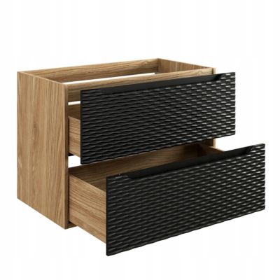 Meuble suspendu sous vasque OCEAN chêne et noir 80 cm - 2 tiroirs façades 3D