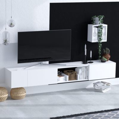 Meuble suspendu TV 3 portes 1 niche blanc L180 cm - PANDORA