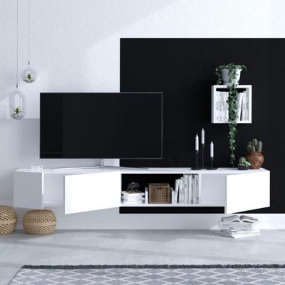Meuble suspendu TV 3 portes 1 niche blanc L180 cm - PANDORA