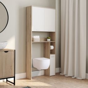 Meuble étagère dessus WC WALLIS bois façon hêtre et blanc