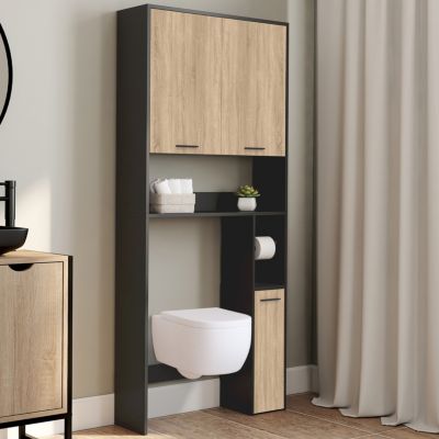 Meuble étagère dessus WC WALLIS noir et bois façon hêtre