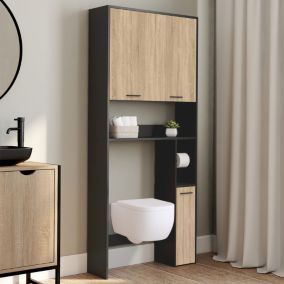 Meuble étagère dessus WC WALLIS noir et bois façon hêtre