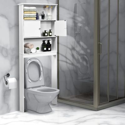 Meuble étagère Salle de Bain Rangement au Dessus des Toilettes WC ou Lave Linge Armoire et 2 étagères Ouvertes Anti basculement