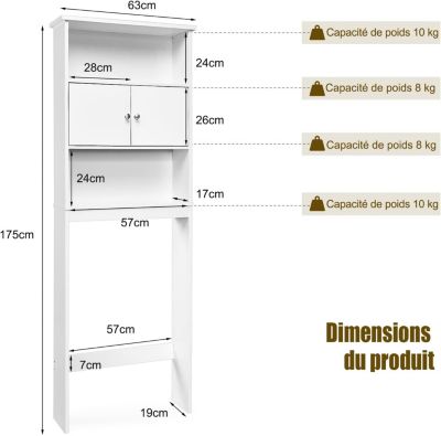 Meuble étagère Salle de Bain Rangement au Dessus des Toilettes WC ou Lave Linge Armoire et 2 étagères Ouvertes Anti basculement