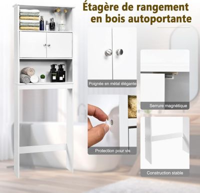 Meuble étagère Salle de Bain Rangement au Dessus des Toilettes WC ou Lave Linge Armoire et 2 étagères Ouvertes Anti basculement