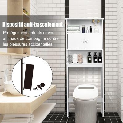 Meuble étagère Salle de Bain Rangement au Dessus des Toilettes WC ou Lave Linge Armoire et 2 étagères Ouvertes Anti basculement
