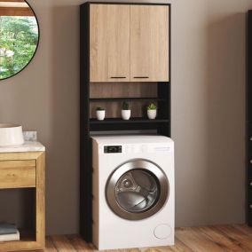 Meuble étagères de rangement dessus machine à laver et WC WALLIS noir et bois façon hêtre
