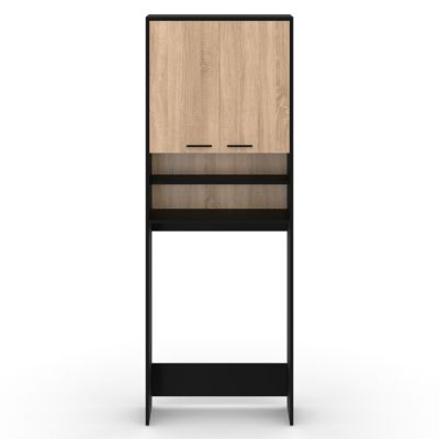 Meuble étagères de rangement dessus machine à laver et WC WALLIS noir et bois façon hêtre