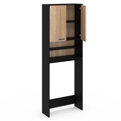 Meuble étagères de rangement dessus machine à laver et WC WALLIS noir et bois façon hêtre