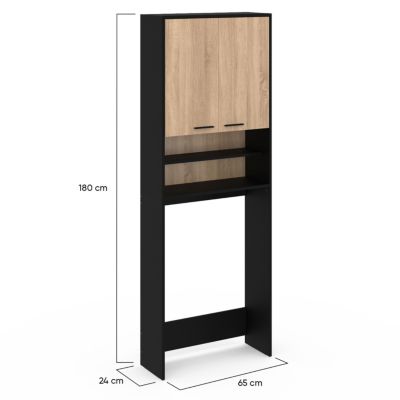 Meuble étagères de rangement dessus machine à laver et WC WALLIS noir et bois façon hêtre